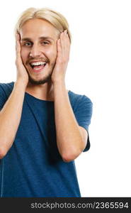 Concept of joy. Happy joyful young man, stylish bearded male smiling laughing, isolated on white. Portrait of young man laughing