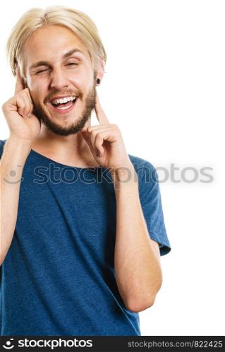 Concept of joy. Happy joyful young man, stylish bearded male smiling laughing, isolated on white. Portrait of young man laughing