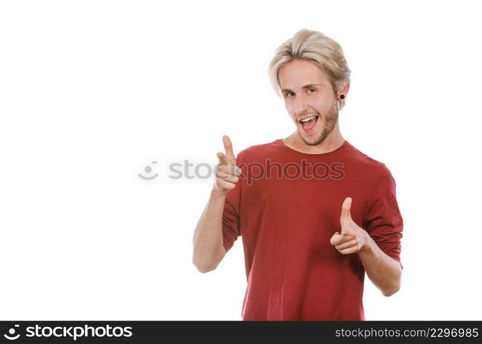 Concept of joy, positive emotion. Happy joyful young man, stylish bearded male smiling laughing, pointing with fingers at you, isolated on white. young man laughing pointing with fingers