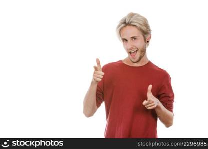 Concept of joy, positive emotion. Happy joyful young man, stylish bearded male smiling laughing, pointing with fingers at you, isolated on white. young man laughing pointing with fingers