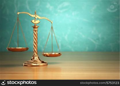 Concept of justice. Law scales on green background. 3d