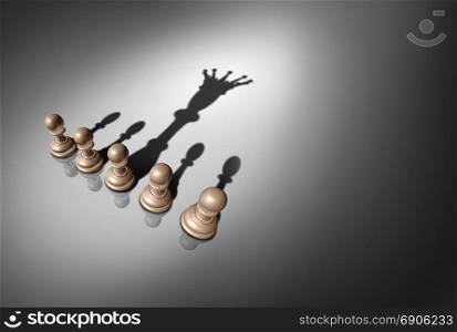 Concept of leader and leadership as a group of chess pawn pieces with one piece casting a shadow of a king as a metaphor for potential as a 3D render.