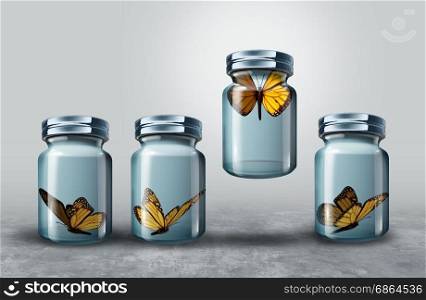 Concept of leadership and powerful business visionary metaphor as a group of resting butterflies in a closed glass jar with one strong individual leader flying upward lifting the container as a 3D illustration.