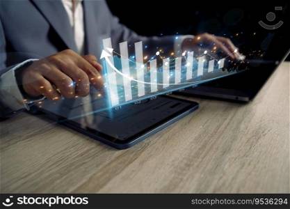 concept of long-term business development and management Executives looking at virtual screens business graph icon Goal setting, problem-solving, workflows, optimal business operations, and innovation