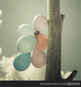Concept of love in summer, freedom and wedding honeymoon. Colorful balloon chain in the sky outdoor. Aged tone