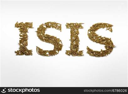 Concept of military aggression of ISIS. Word ISIS typed with font made of bullets on white background