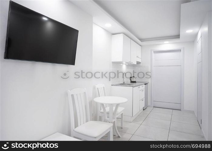 Concept of modern white living room mock up interior design for boutique hotel, apartment showcase
