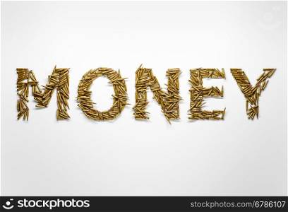 Concept of money made on war and conflicts. Word money typed with font made of bullets on white background.