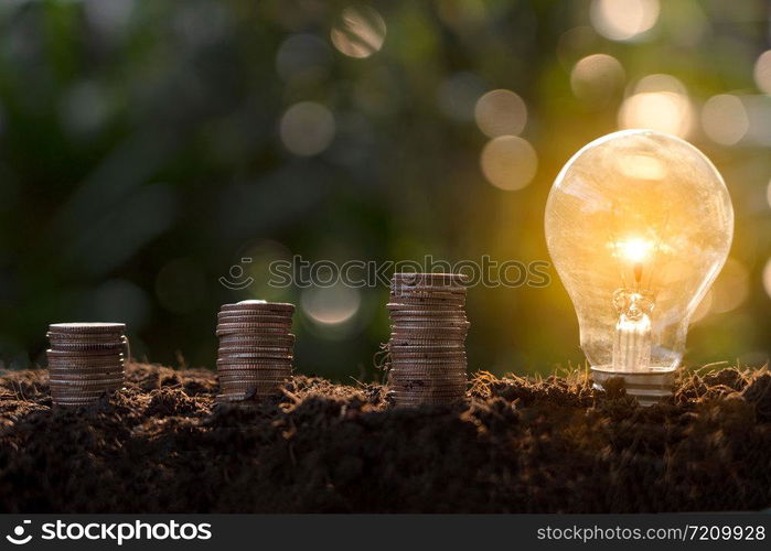 concept of new ideas and innovations with the growth of coins and light bulbs.Stacked of coins and light bulbs on the soil ,ground.Light bulb with heap of coins stairs for financial plan or business .