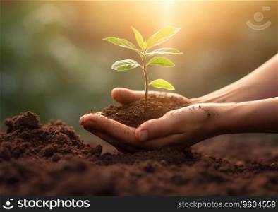 Concept of new life beginning and environmental earth with hands holding green plant.AI Generative