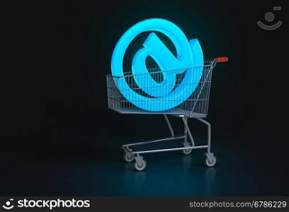 Concept of online shopping. Big blue @ sign lying in shopping cart on dark background. 3d render