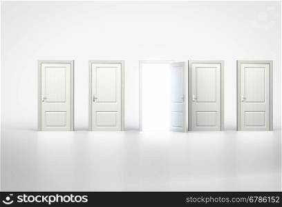 Concept of opportunity. Light shining through one door in row of shut ones. 3d render
