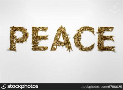 Concept of peace. Word Peace typed with font made of bullets on white background.