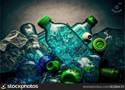 Concept of plastic recycle with blue bottle background. Inspiration of separated used plastic scrap of recyclable reducing global warming pollution. Finest generative AI.. Concept of plastic recycle with blue bottle background.
