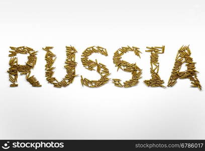 Concept of Russia in military conflicts. Word Russia typed with font made of bullets.