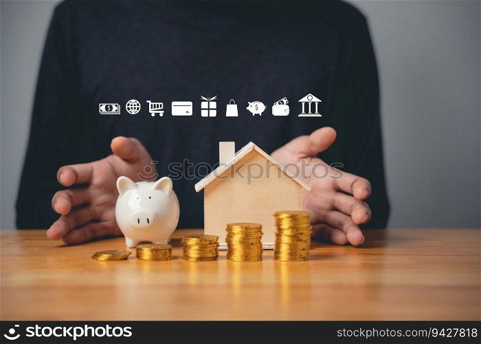 Concept of saving money with businessman holding piggy bank and inserting coin. Chart graph shows growth and income, ideal for investment and budgeting.