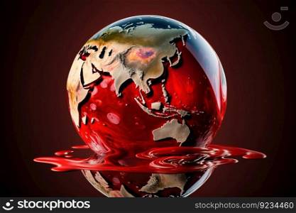 Concept of saving planet, miniature globe floats in blood, black background. Header banner mockup with copy space. AI generated.. Concept of saving planet, miniature globe floats in blood, black background. AI generated.