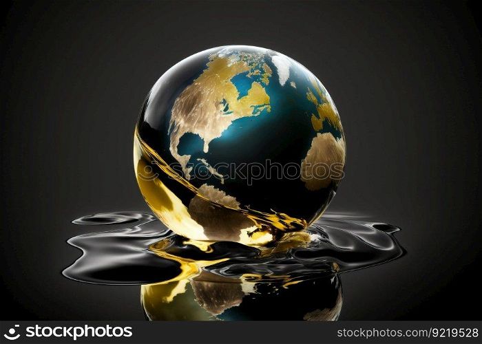 Concept of saving planet, miniature globe floats in oil, black background. Header banner mockup with copy space. AI generated.. Concept of saving planet, miniature globe floats in oil, black background. AI generated.