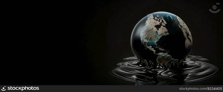 Concept of saving planet, miniature globe floats in oil, black background. Header banner mockup with copy space. AI generated.. Concept of saving planet, miniature globe floats in oil, black background. AI generated.