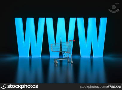 Concept of shopping online. Big glowing WWW letters and shopping cart on dark background. 3d render