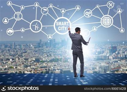 Concept of smart city with businessman pressing buttons