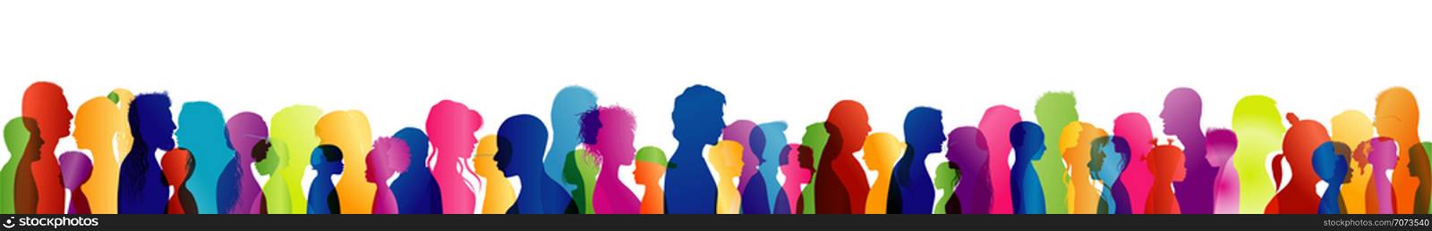 Concept of solidarity or communication between different people and of different ages and multi-ethnic. Silhouette colored profile heads. Multiple exposure. Dialogue crowd of many people