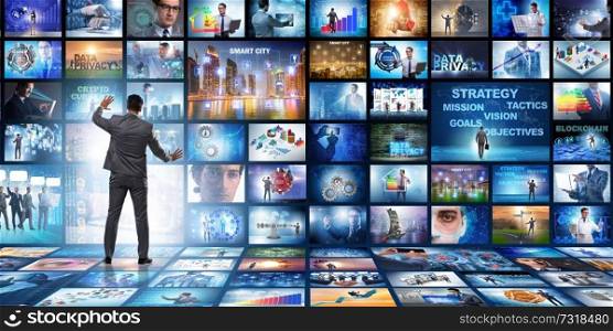 Concept of streaming video with businessman. Collage of photos with businessman