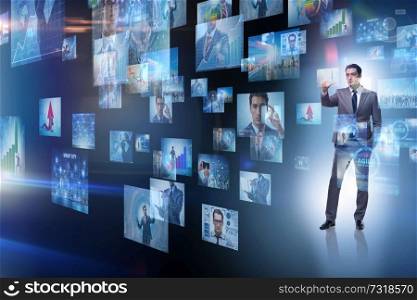 Concept of streaming video with businessman. Collage of photos with businessman