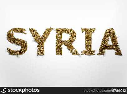 Concept of Syrian war crisis. Word Syria typed with font made of bullets from the Kalashnikov rifle.