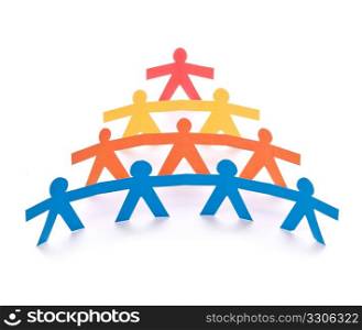 Concept of teamwork, colorful paper dolls on white background