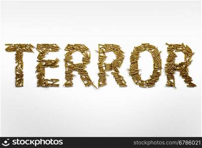Concept of terrorism. Word Terror typed with font made of bullets on white background