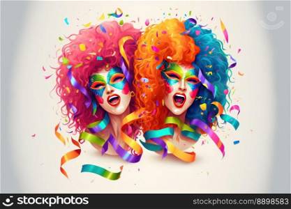 Concept of the Carnival. Colorful masks, crazy wigs, symbol of the explosion of joy and color. White background. Generative AI
