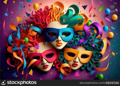 Concept of the Carnival. Colorful masks, crazy wigs, symbol of the explosion of joy and color. Black background. Generative AI