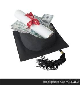 Concept of the cost of education: inverted graduate hat containing dollar banknotes and scrolled Certificate of graduation tied with red ribbon, isolated on white background