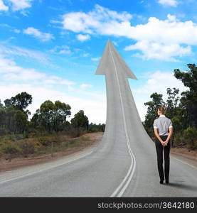 Concept of the road to success with a businesswoman standing on the road