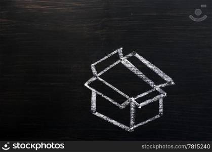 "Concept of "Think Outside the box" - empty box drawn with chalk on a blackboard "