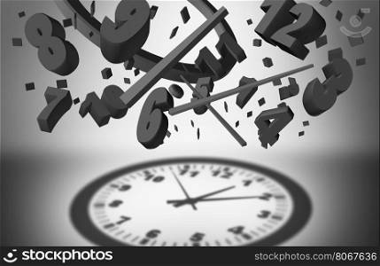 Concept of time management and controlling business planning efficiency as a group of falling clock pieces creating an organized cast shadow of a complete watch as a work planner success symbol as a 3D illustration.