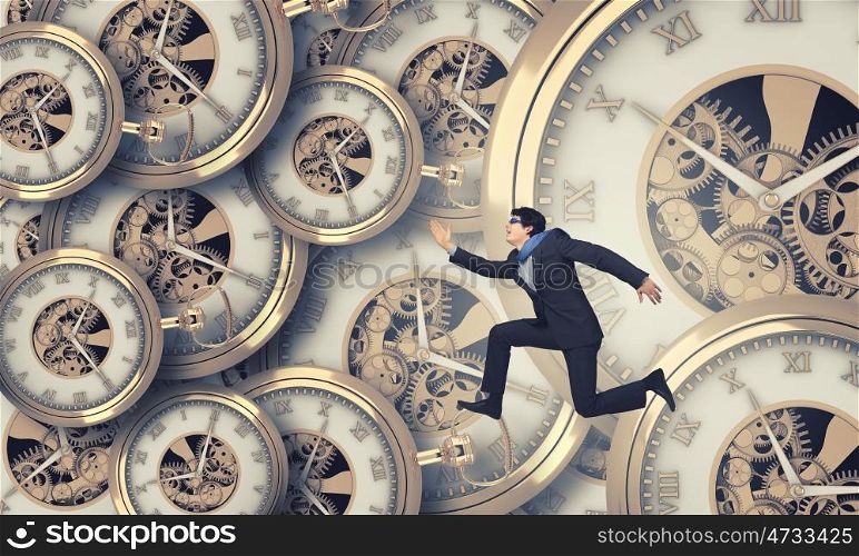 Concept of time with funny businessman running in a hurry