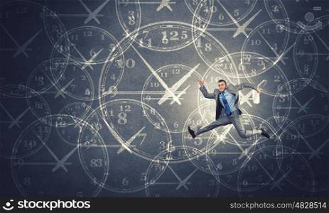 Concept of time with funny businessman running in a hurry