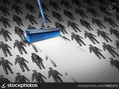Concept of unemployment and business downsizing symbol as a group of businesswomen and businessmen drawings being swept away by a broom as a symbol for employee reduction with 3D illustration elements.