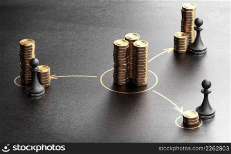 Concept of unequal distribution of income. 3D illustration of generic golden coins and pawns over black background.. Unequal distribution of income.