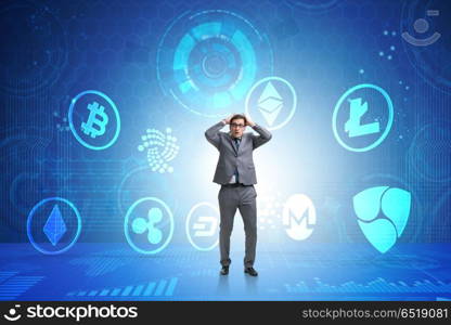 Concept of various cryptocurrencies and businessman