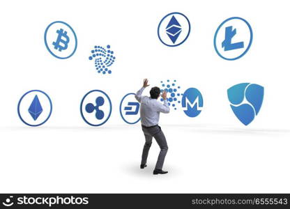 Concept of various cryptocurrencies and businessman