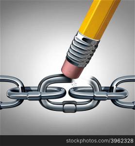 Concept of weakness and broken chain as a business symbol with metal links and a pencil eraser erasing a key connection as a metaphor for disconnecting or divorce with 3D Illustration elements.