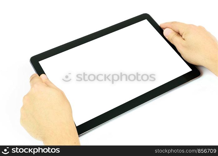 Concept of working on a blank digital tablet isolated on a white background