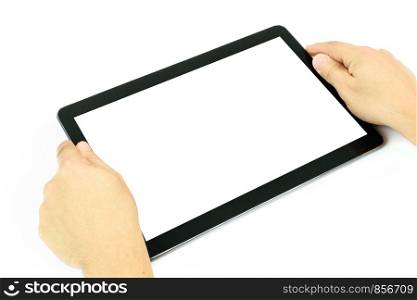 Concept of working on a blank digital tablet isolated on a white background