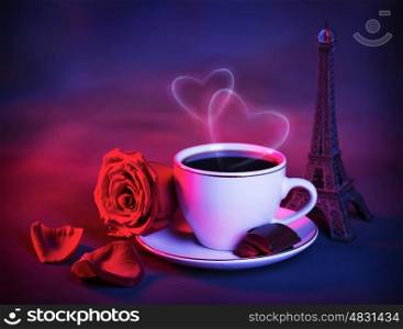 Concept photo of romantic trip to France, beautiful night in Paris, food still life, cup of coffee with piece of chocolate and fresh red rose on the table in cafe, honeymoon travel, Valentine dinner