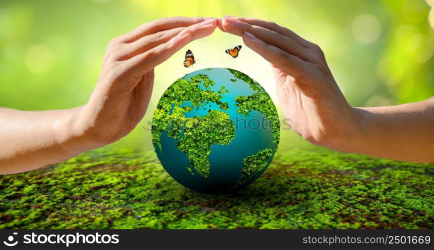 Concept Save the world save environment The world is in the grass of the green bokeh background