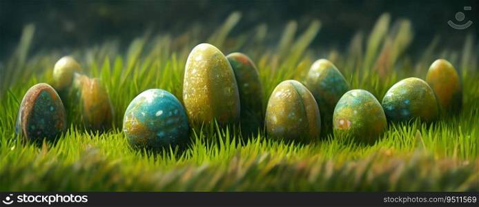Concept stone Easter eggs in grass. Generative AI design. Concept stone Easter eggs in grass. Generative AI