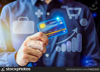 Concept that business people use credit cards for shopping and doing business